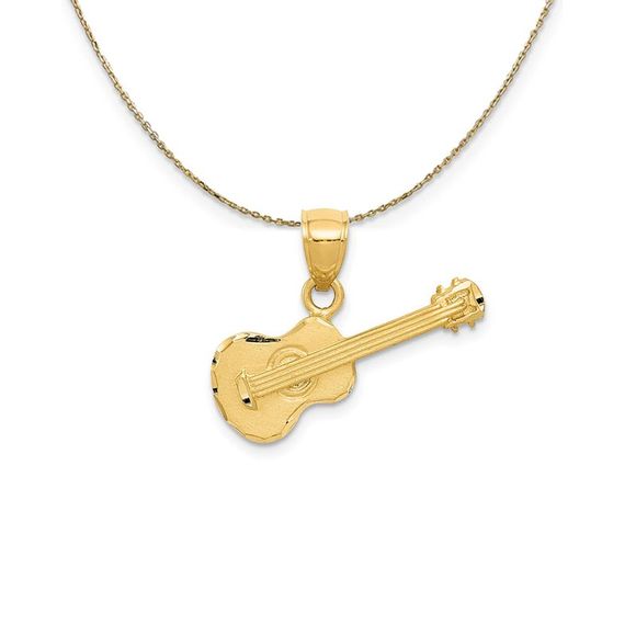 14k Yellow Gold Diamond Cut 2D Acoustic Guitar Necklace - 16 Inch
